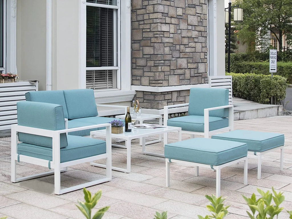 White Frame Blue Cushion 7 Pcs Outdoor Patio Furniture Set R4972