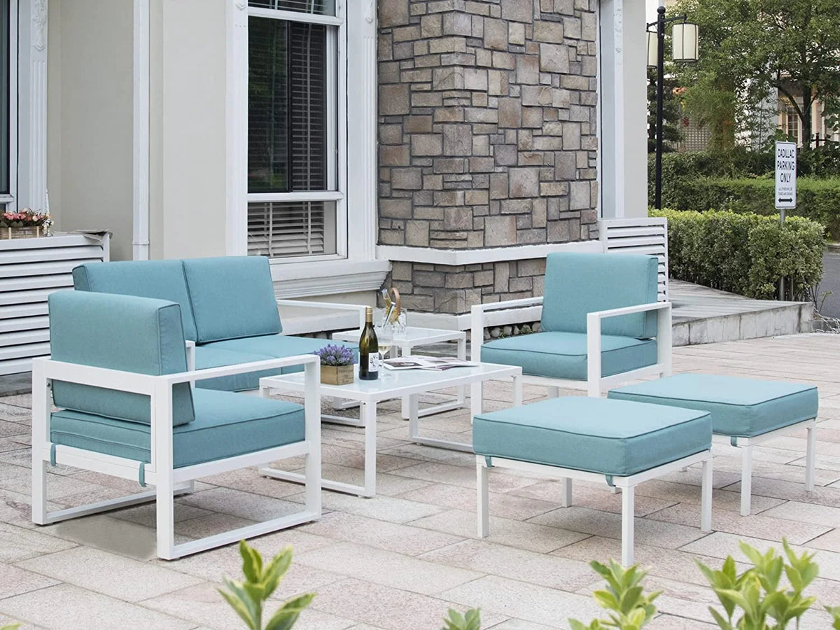 White Frame Blue Cushion 7 Pcs Outdoor Patio Furniture Set R4972