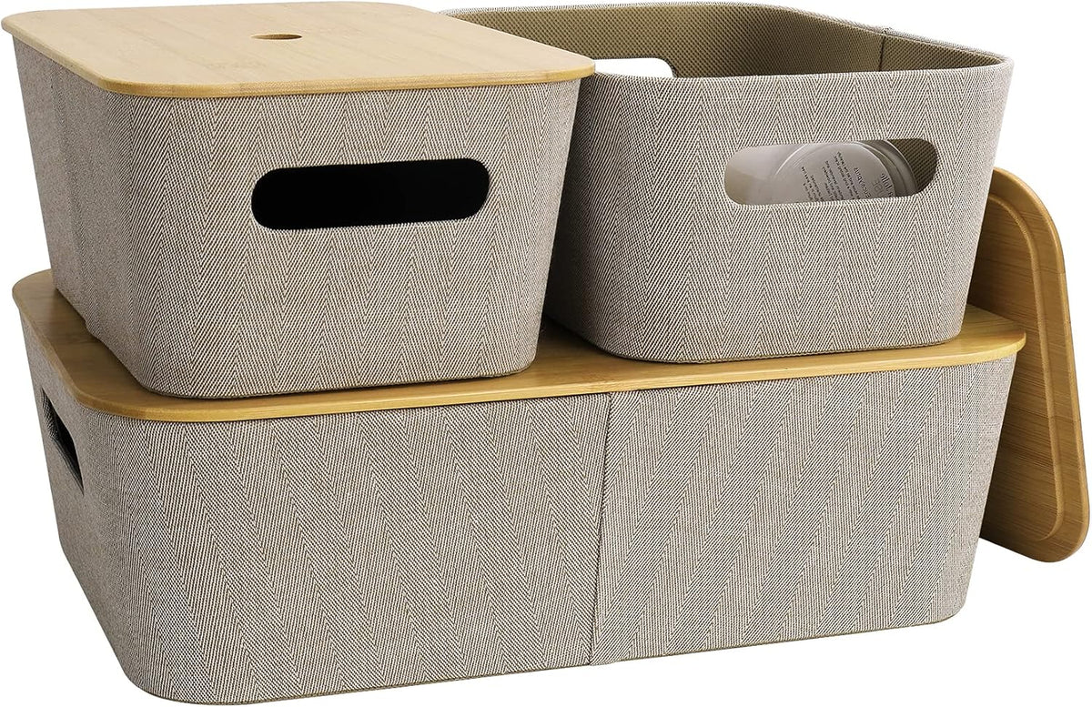Light Gray Tweed Fabric Storage Basket Set of 3 with Bamboo Lid M771353