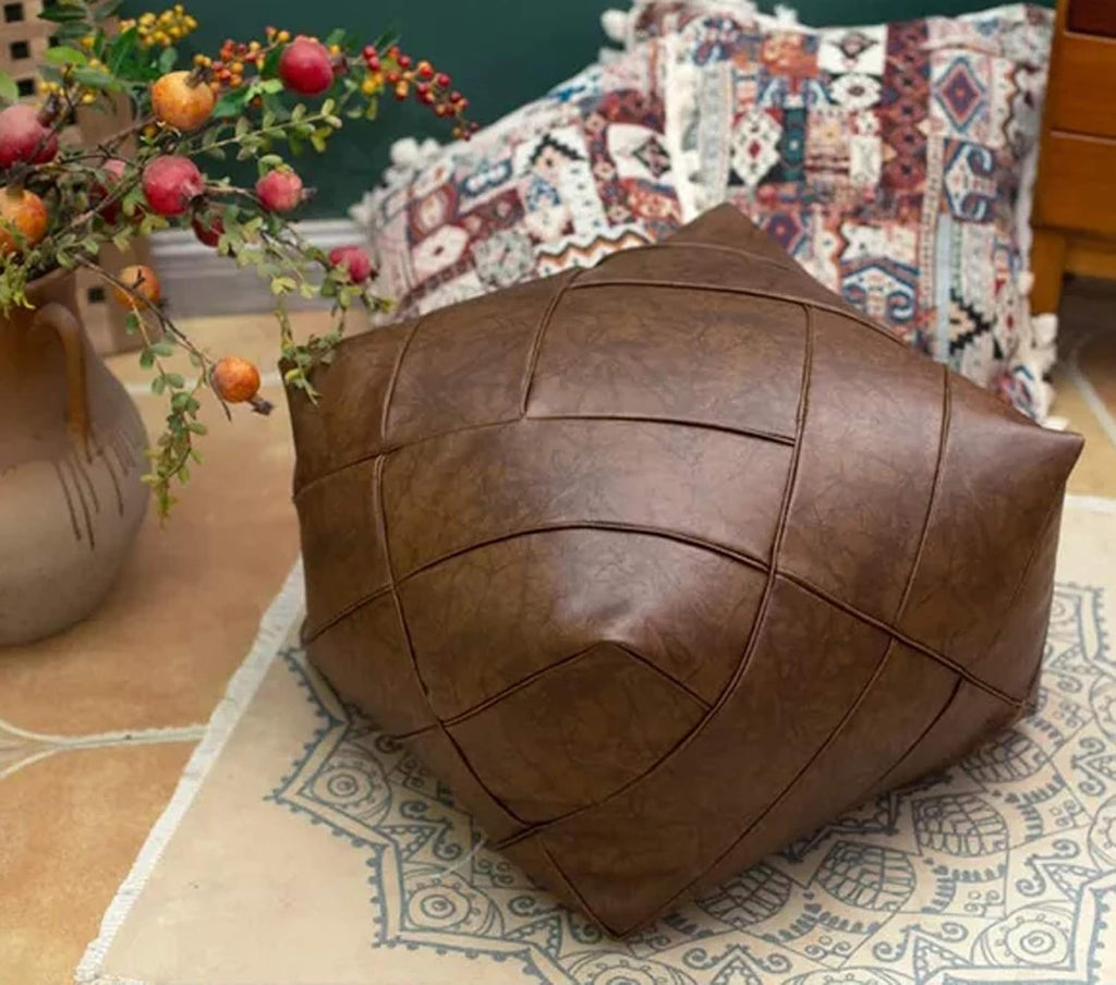 Boho Handmade Faux PU Leather Moroccan Pouf Footstool Ottoman Unstuffed 18.9 x 14.96 Square Floor Cushion (Orange) P33724