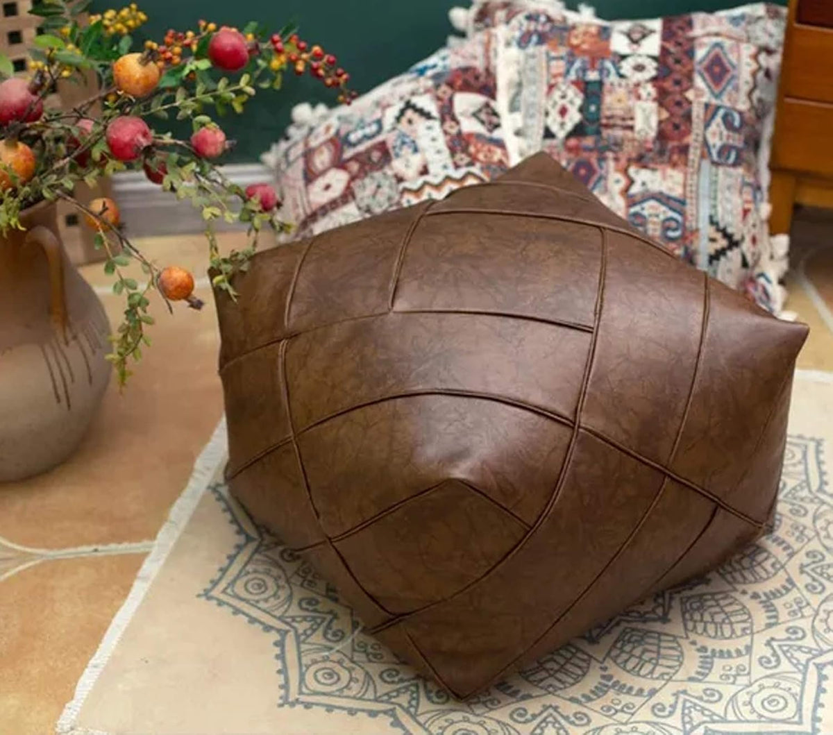 Boho Handmade Faux PU Leather Moroccan Pouf Footstool Ottoman Unstuffed 18.9 x 14.96 Square Floor Cushion (Orange) P33724