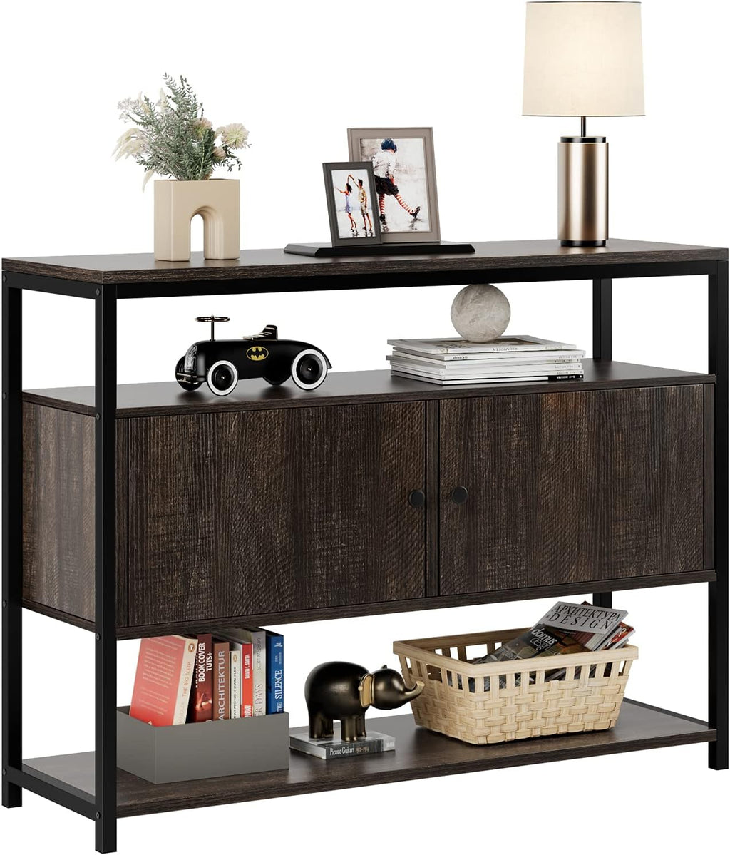 Walnut Brown 3-Tier Console Table with 2 Cabinet Doors D413202