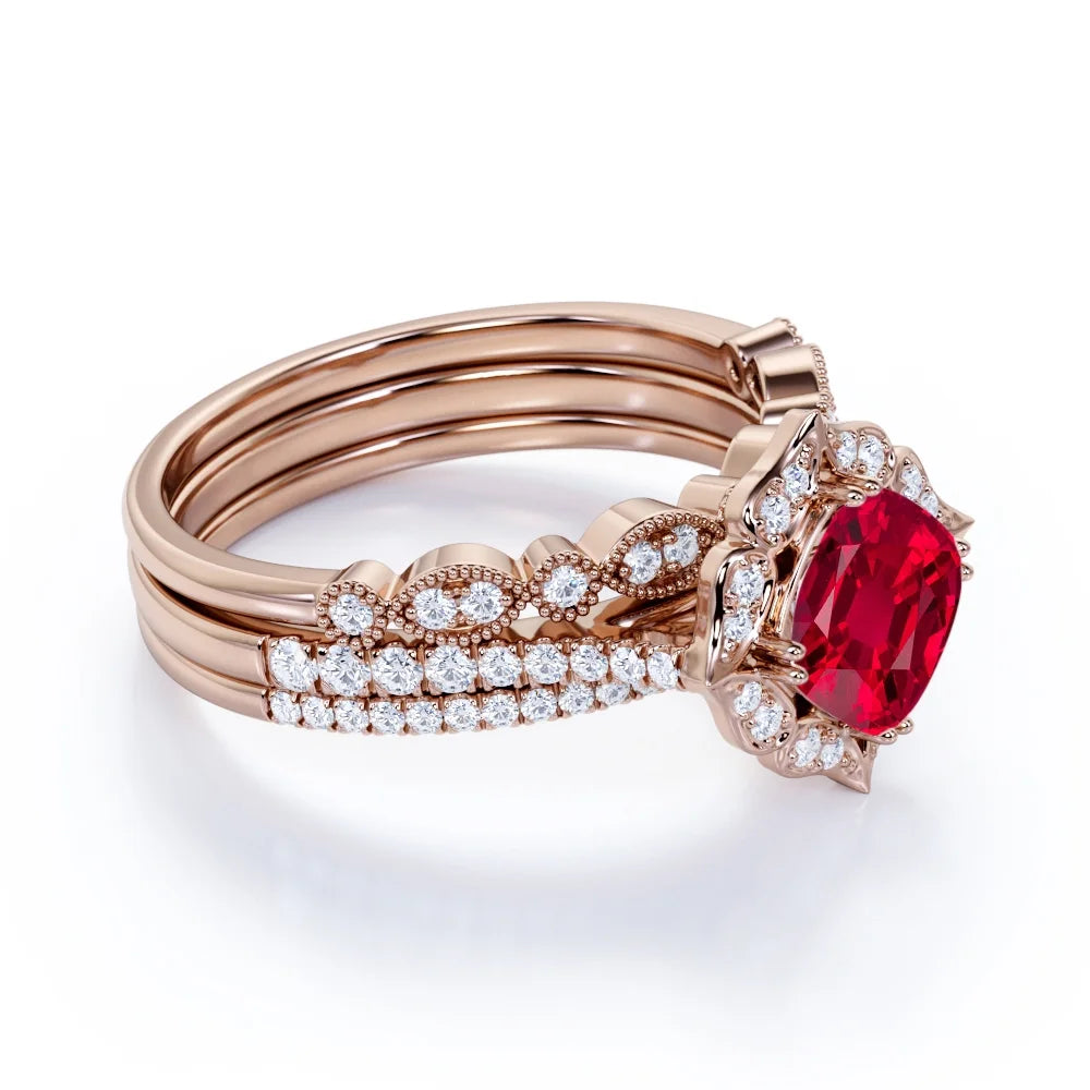 18k Rose Gold over Silver Simulated Ruby Trio Ring Set R615437