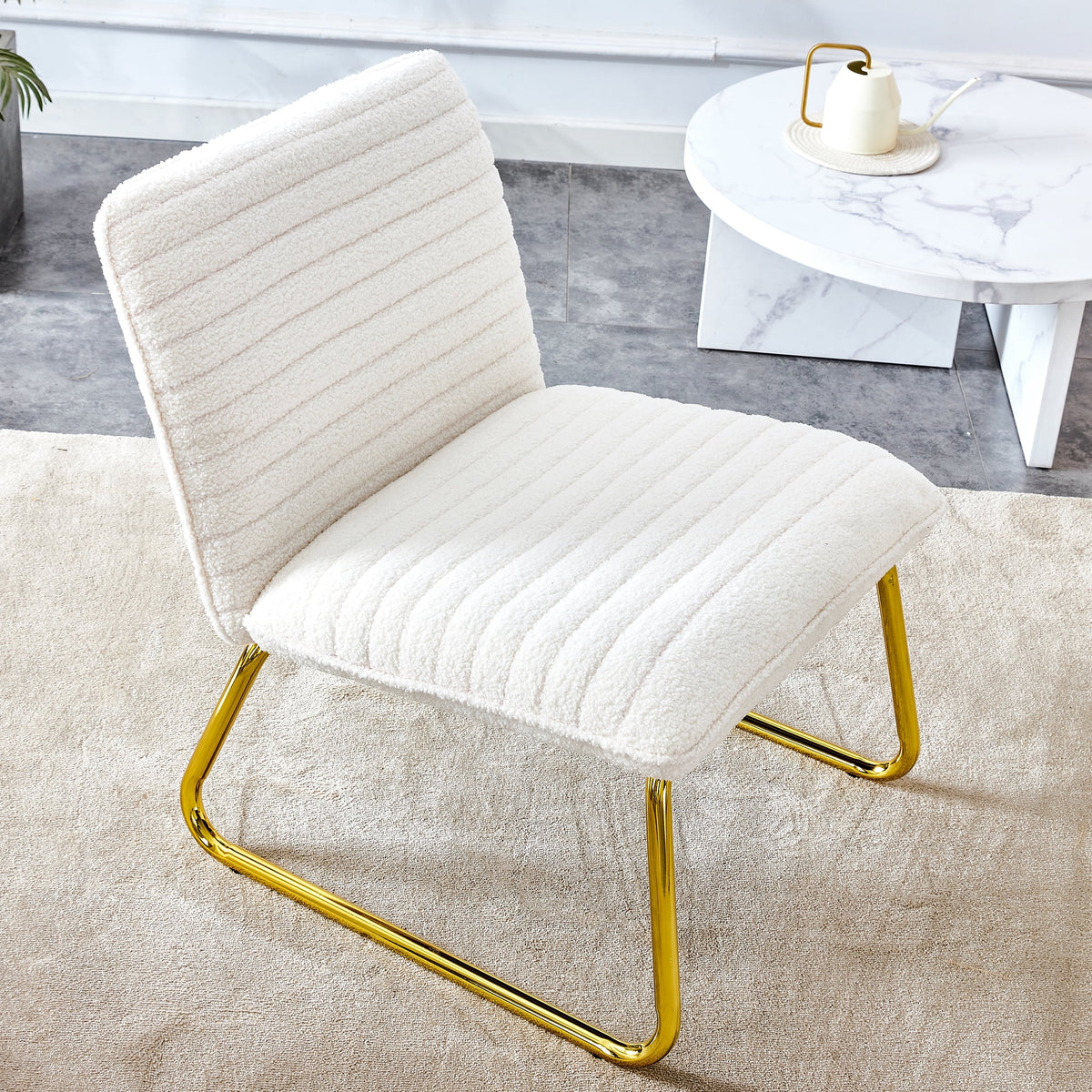 White Armless Sofa Chair with Plush Cushion and Backrest with Golden Metal Legs G220