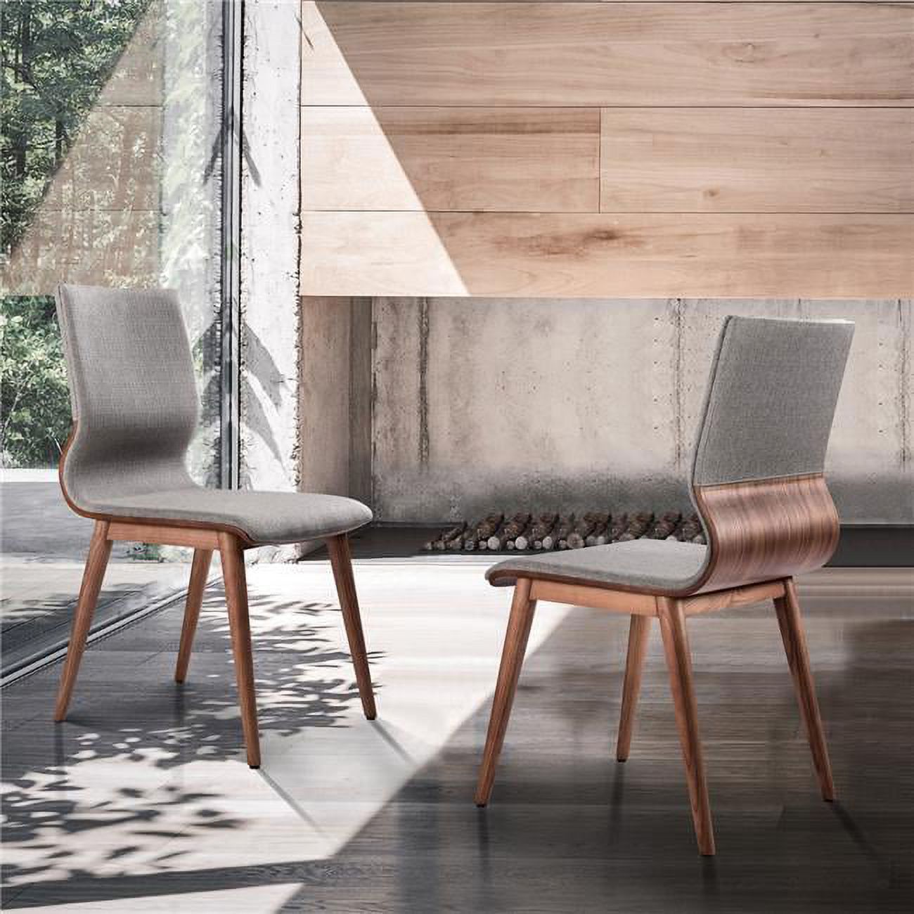 Mid-Century Dining Chair in Walnut Finish & Gray Fabric - Set of 2 E50801