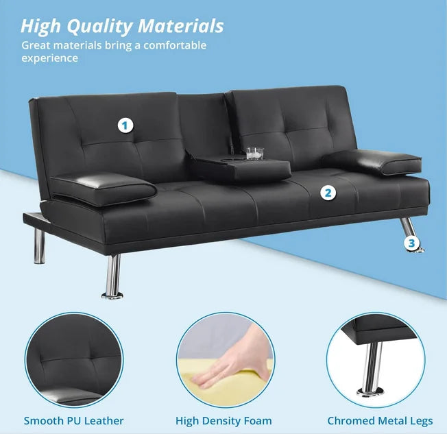 Black Faux Leather Futon Sofa Bed W983050