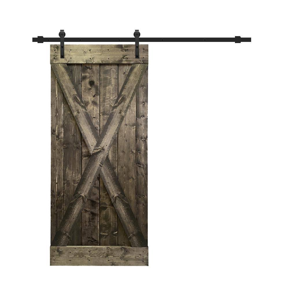 Espresso Stained Solid Knotty Pine Wood Interior Sliding Barn Door with Hardware Kit G68374