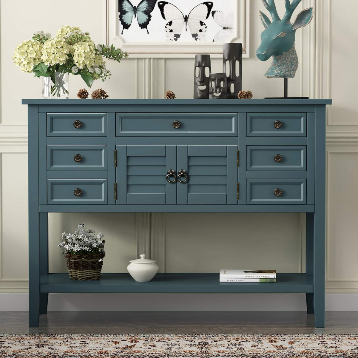 Green Solid Wood Console Table with 7 Drawers and 1 Cabinet Q37540