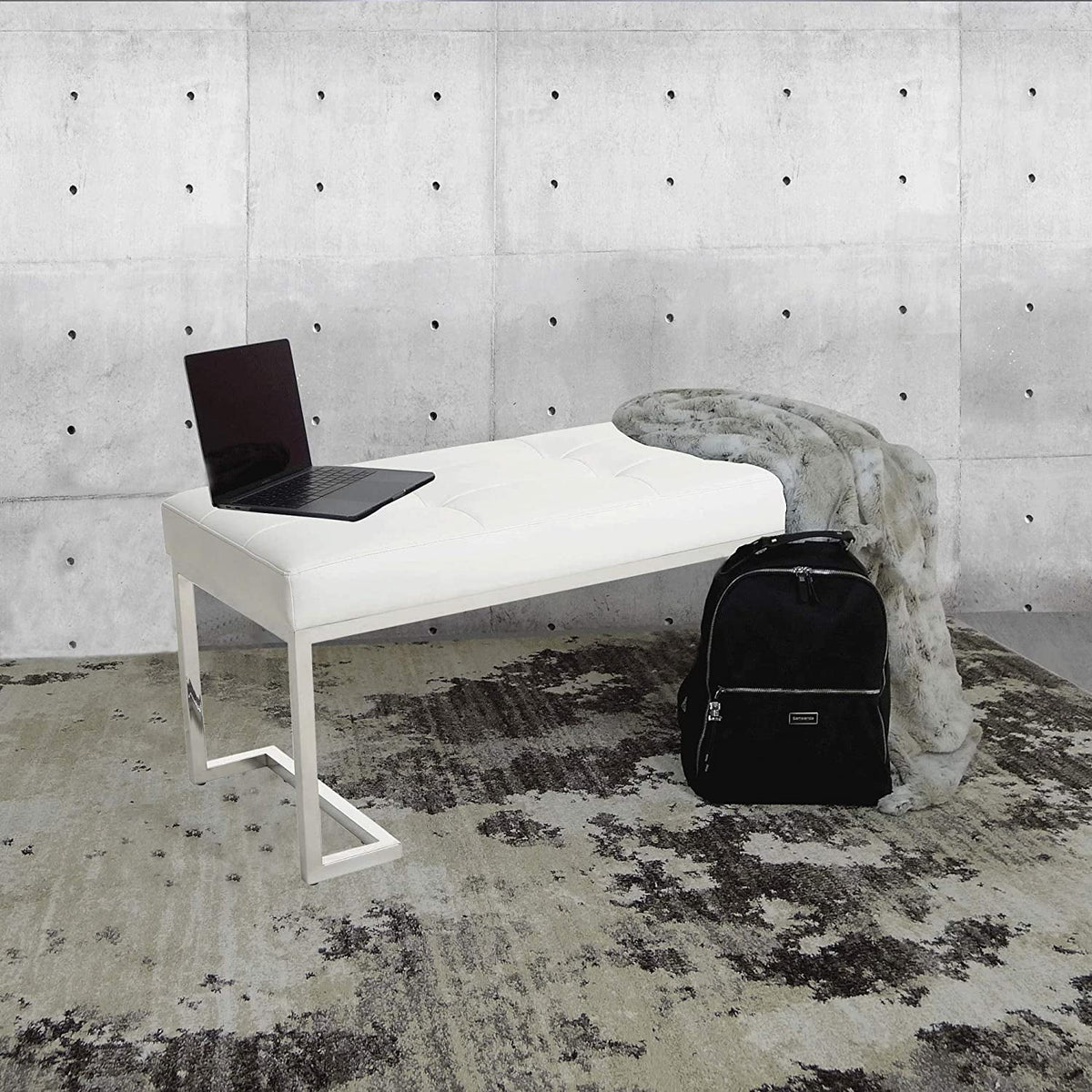 White Rectangle Tufted Faux Leather Bench H205