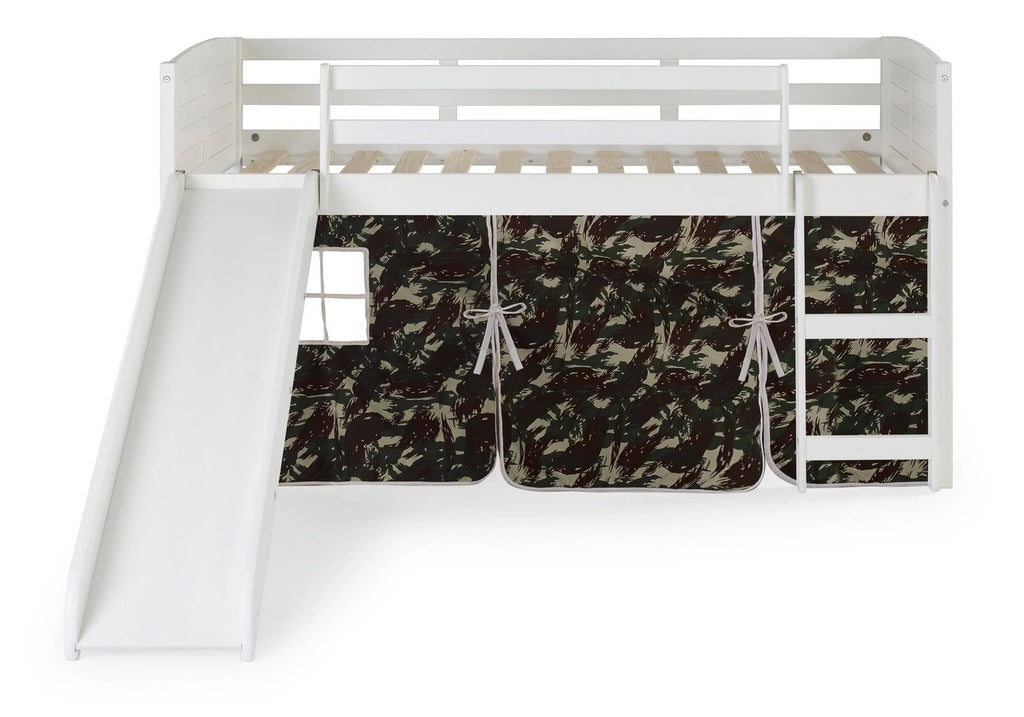 Twin Low Loft White Bed with Camo Tent and Slide R7278