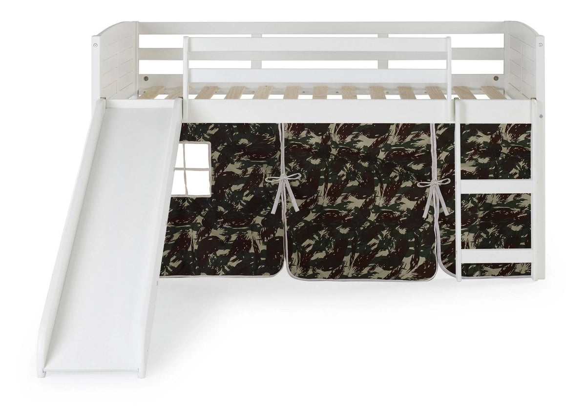 Twin Low Loft White Bed with Camo Tent and Slide R7278