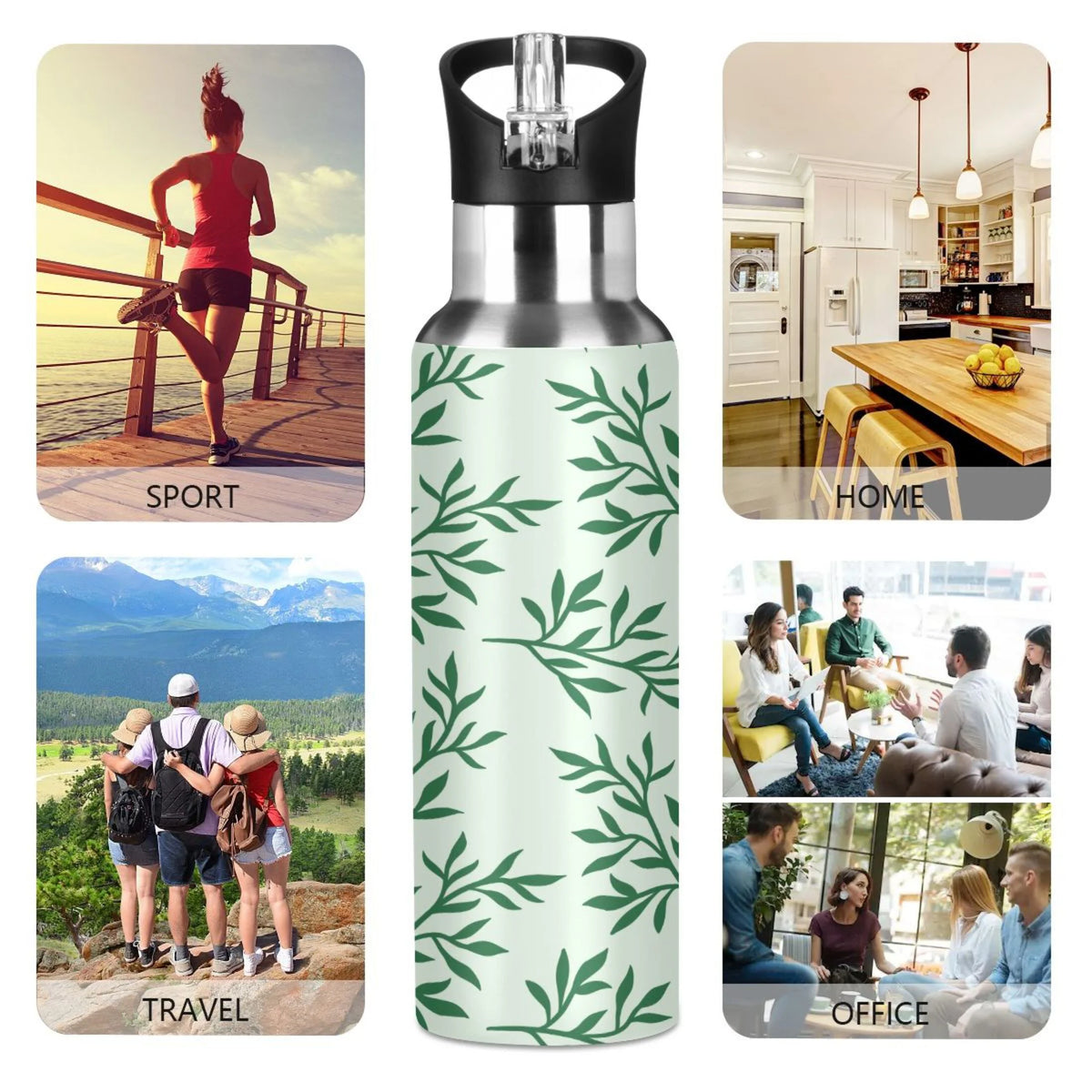 Green Stainless Steel Insulated Water Bottle with Straw Lid T1368