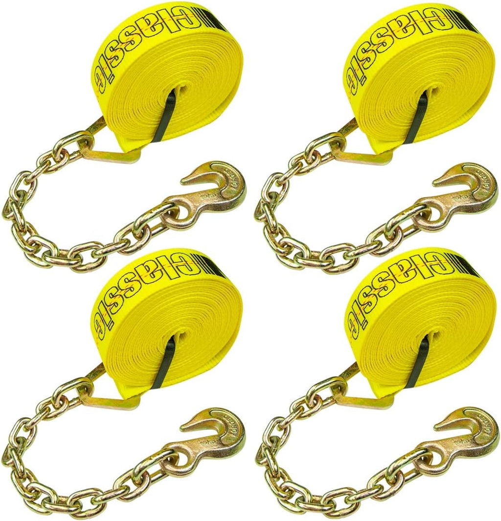 2 Inch x 27 Foot Yellow Winch Strap with Chain Anchor, 4 Pack L544