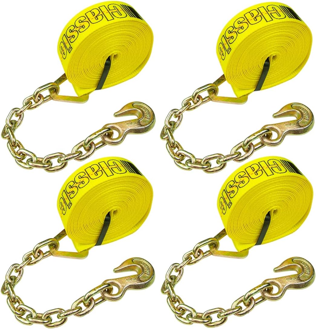 2 Inch x 27 Foot Yellow Winch Strap with Chain Anchor, 4 Pack L544