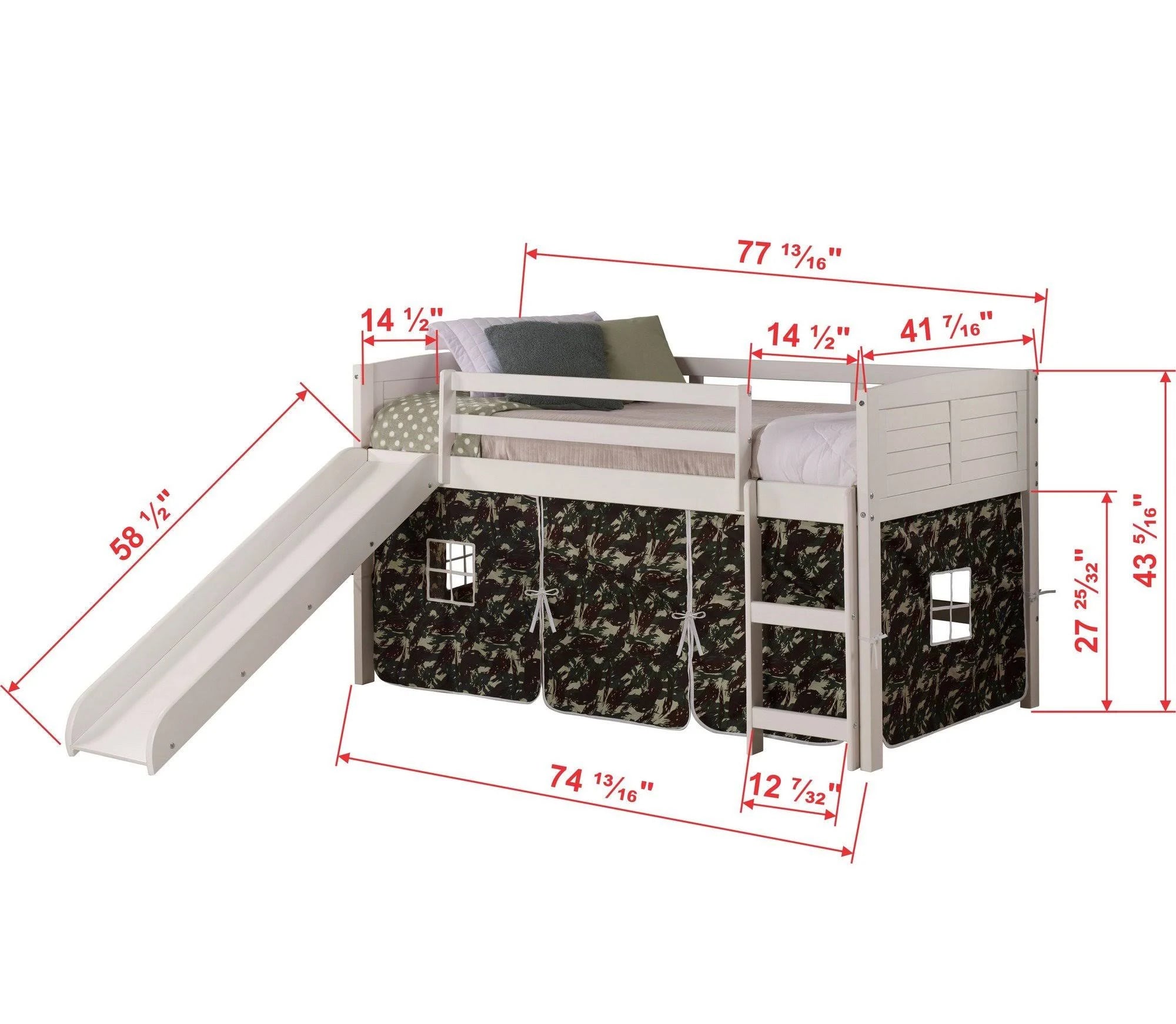 Twin Low Loft White Bed with Camo Tent and Slide R7278