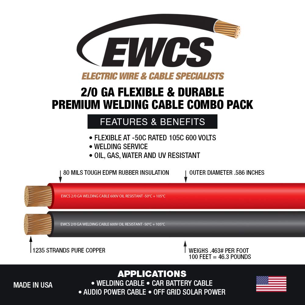 2/0 Gauge Extra Flexible Welding Cable 600 Volt, Black + Red, 10 Feet of Each Color D41068