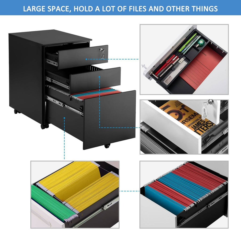 Black Metal 3 Drawer Lockable File Cabinet Q875
