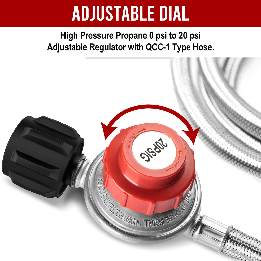 4FT Stainless Steel Braided Propane Gas Hose with Adjustable High Pressure Regulator V961