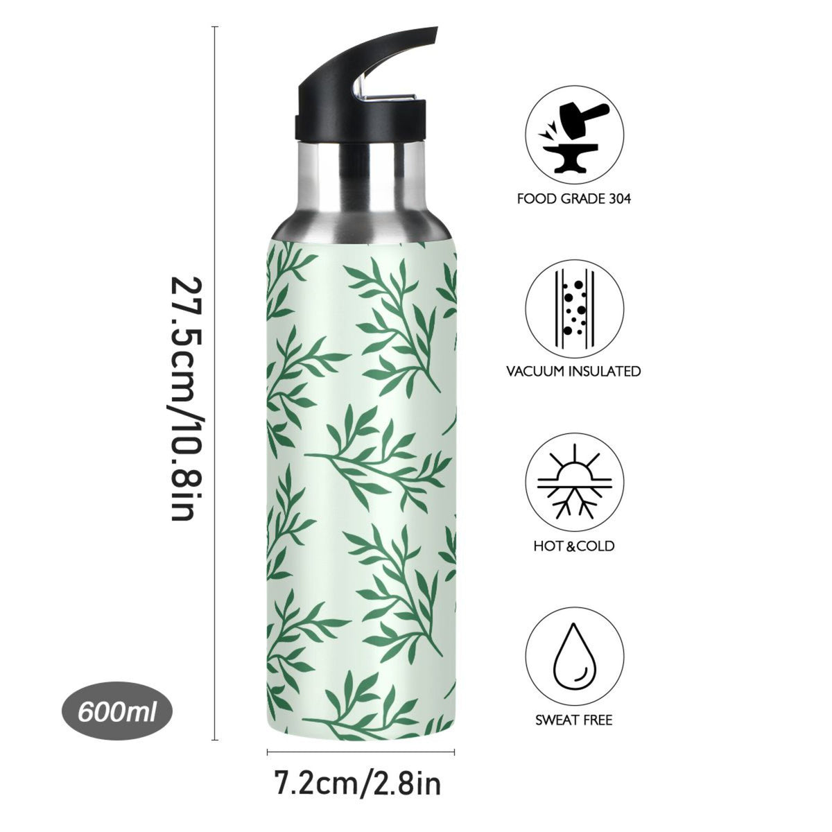 Green Stainless Steel Insulated Water Bottle with Straw Lid T1368