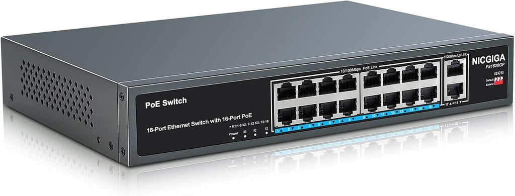18 Port Gigabit PoE Switch with 16 Ports 1000Mbps PoE+@250W, 2 Gigabit Uplink Ports, VLAN Mode, Metal Case, Desktop/Rack Mount, Unmanaged M979790