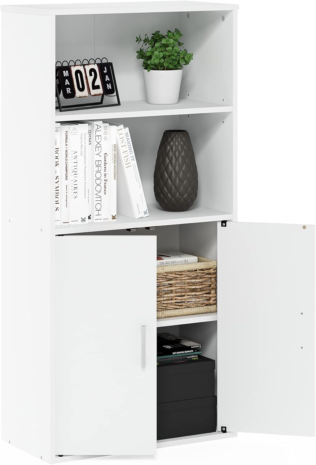 White Storage Cabinet with 2 Open Shelves and 2 Doors I921