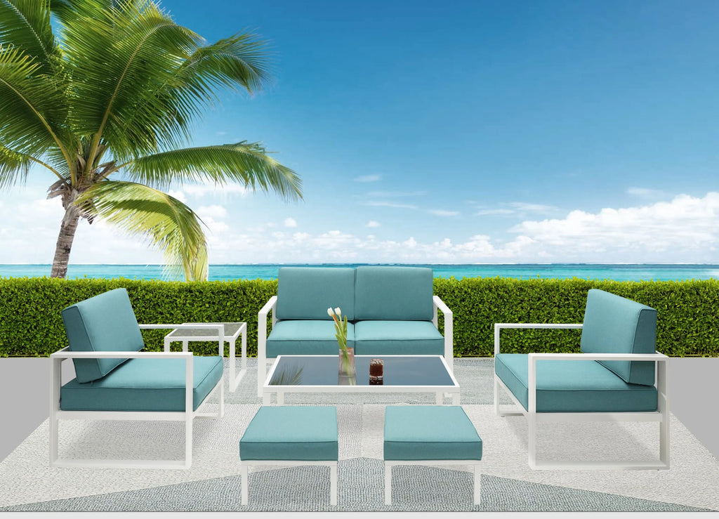 White Frame Blue Cushion 7 Pcs Outdoor Patio Furniture Set R4972