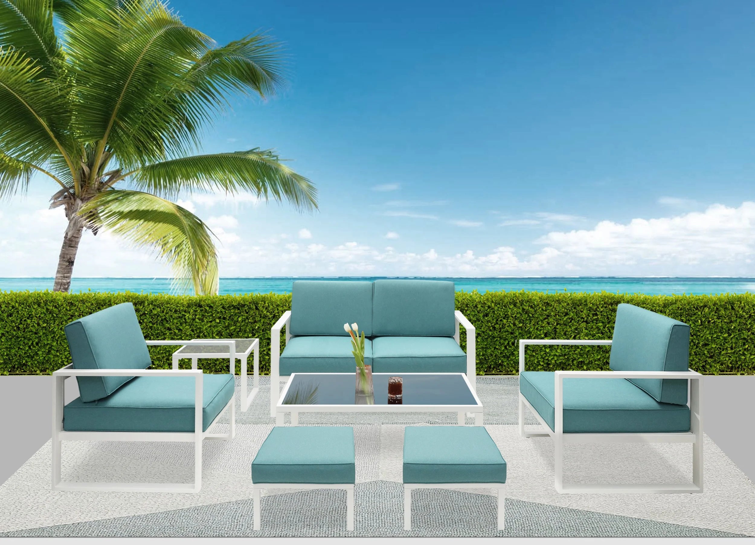 White Frame Blue Cushion 7 Pcs Outdoor Patio Furniture Set R4972