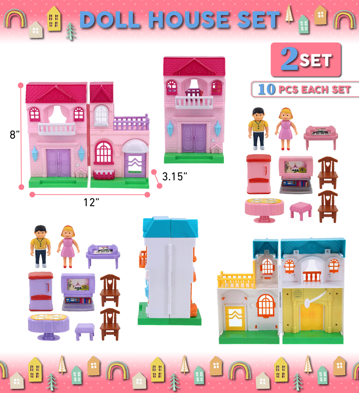 Mini Doll House Playset with 1 Pink House and 1 Blue House Set Q716