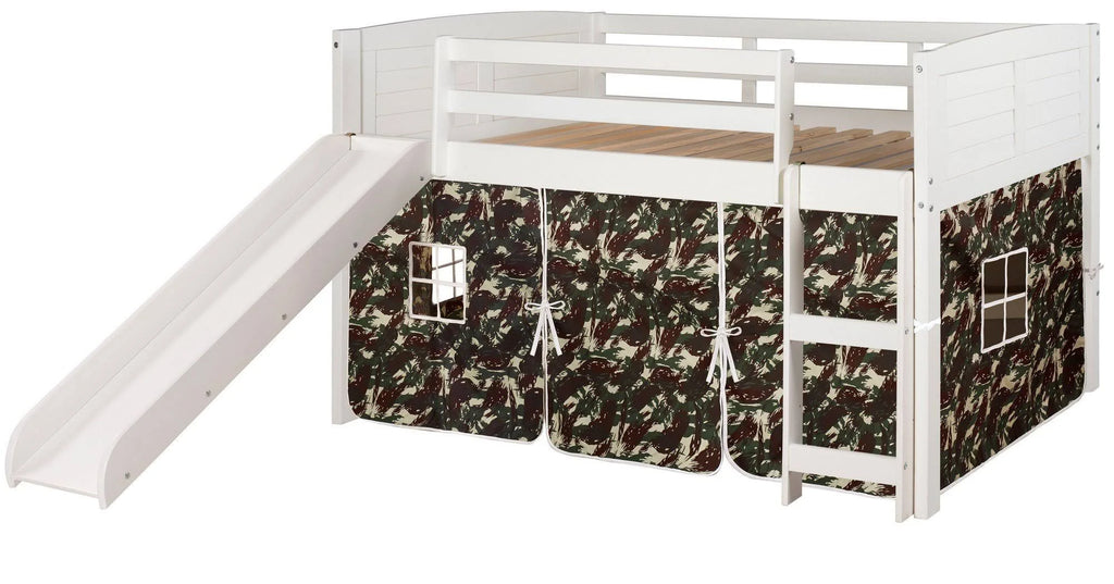Twin Low Loft White Bed with Camo Tent and Slide R7278