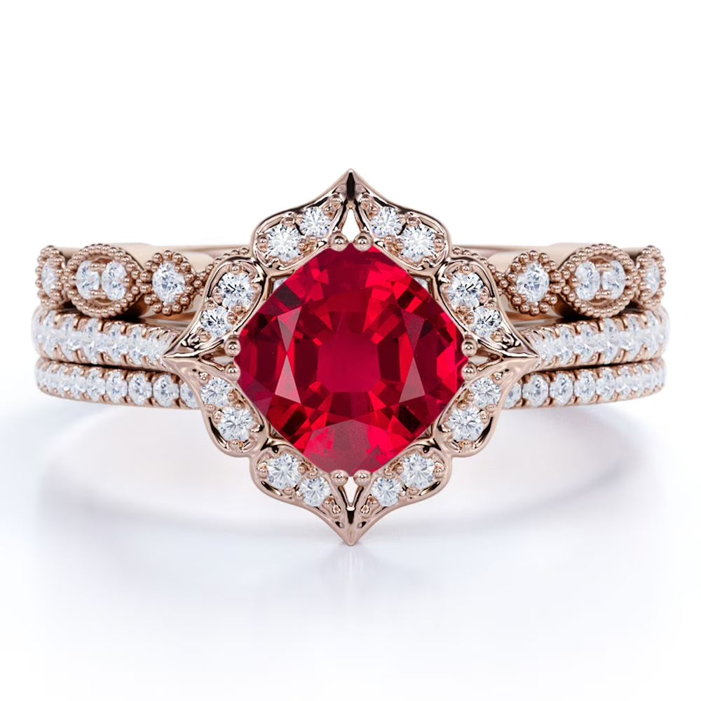 18k Rose Gold over Silver Simulated Ruby Trio Ring Set R615437