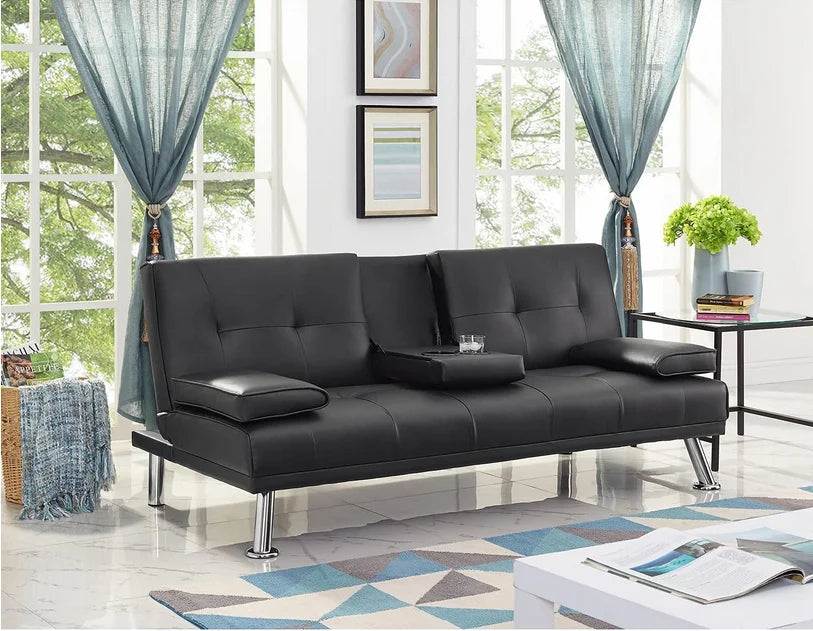 Black Faux Leather Futon Sofa Bed W983050