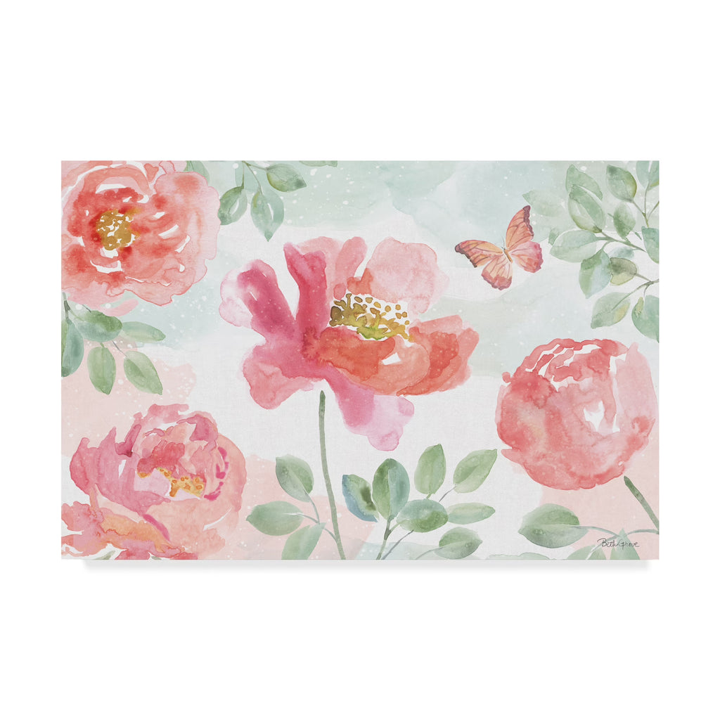 Watercolorful Pink And Green Floral Canvas Art E87118