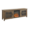 70x22 Wide Glass Wood and Metal Media Cabinet with Fireplace Rustic Oak U372