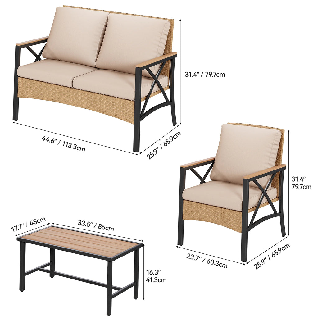 4-Piece All-Weather Patio Furniture Set with Wood Armrests and Rattan Design, Light Brown+Beige M293