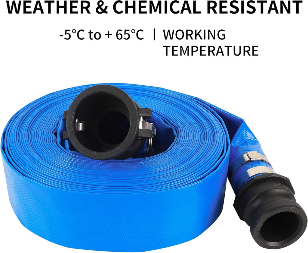 2 x 50FT Blue Discharge Hose with Camlock C and E Fittings, Reinforced PVC Lay Flat Backwash Hose Assembly J88485