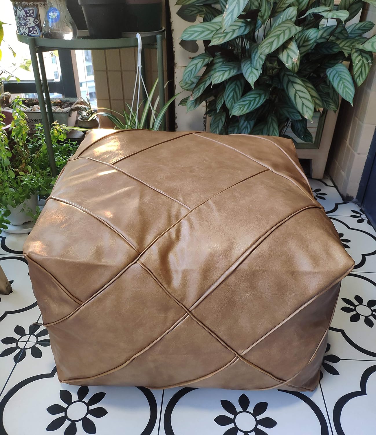 Boho Handmade Faux PU Leather Moroccan Pouf Footstool Ottoman Unstuffed 18.9 x 14.96 Square Floor Cushion (Orange) P33724