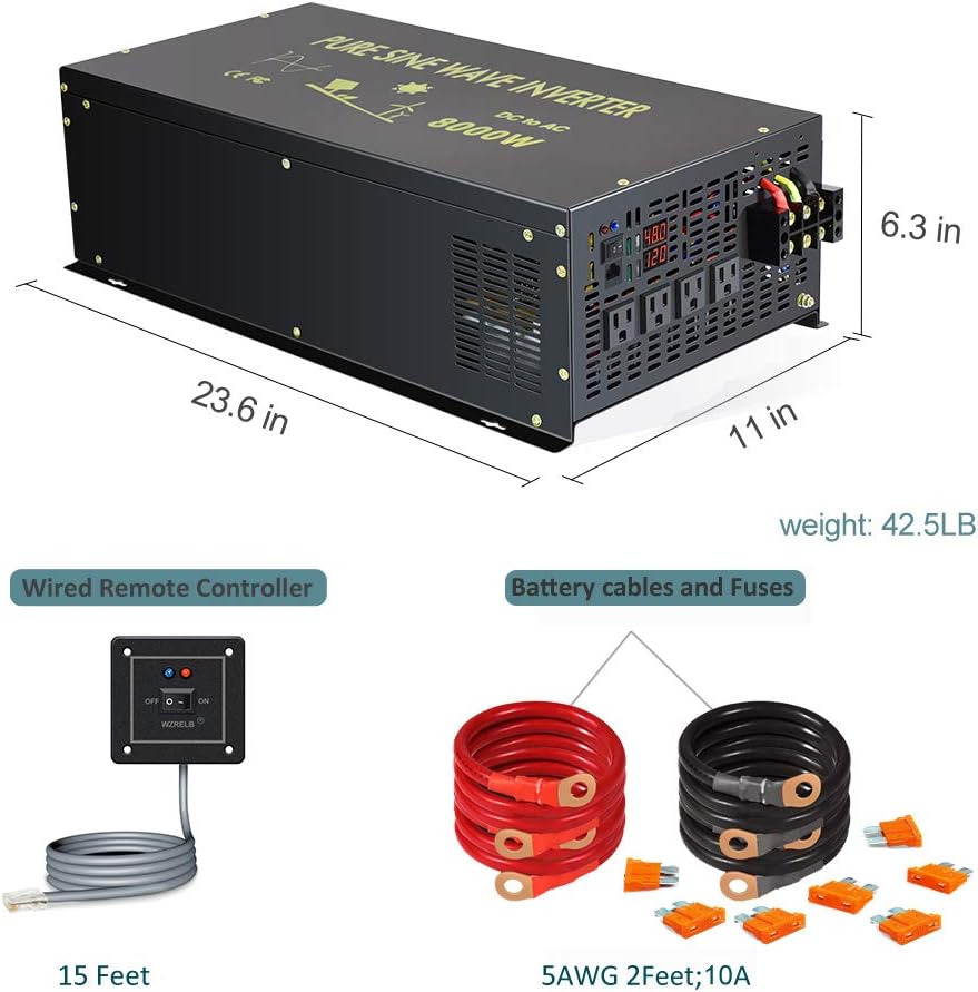8000W Pure Sine Wave Power Inverter DC 48V to AC 120V with 4 AC Outlets Remote Control LED Display O428218
