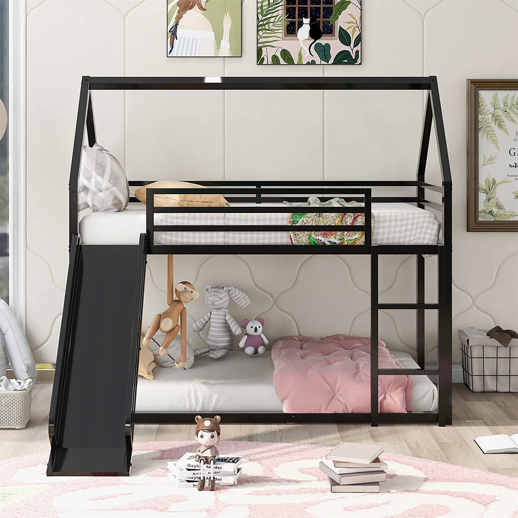 Black Metal Frame Kids Bunk Bed with Slide and Built-In Ladder T6006