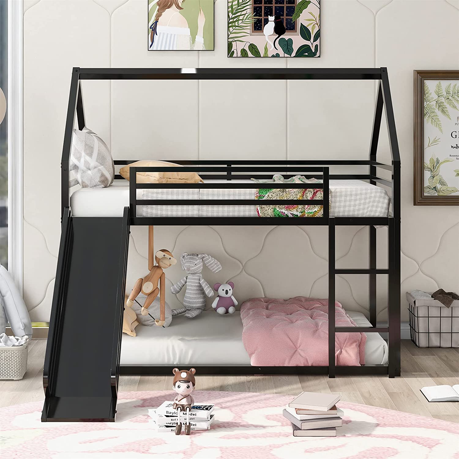 Black Metal Frame Kids Bunk Bed with Slide and Built-In Ladder T6006