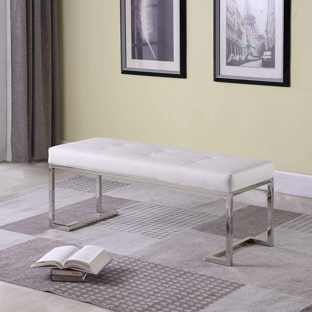 White Rectangle Tufted Faux Leather Bench H205
