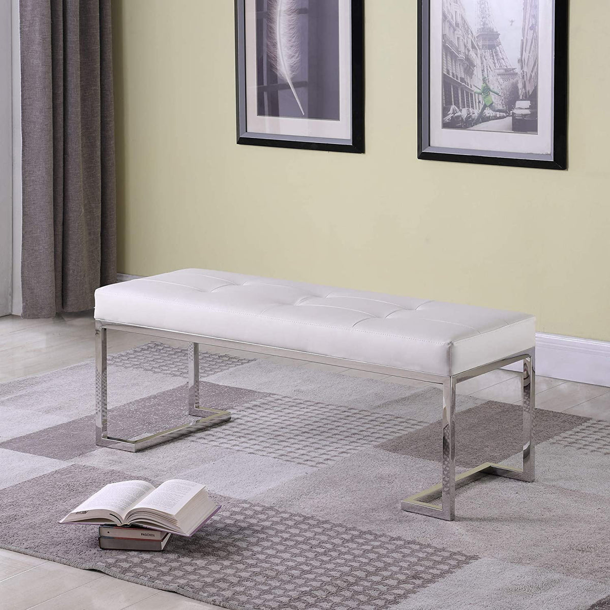 White Rectangle Tufted Faux Leather Bench H205