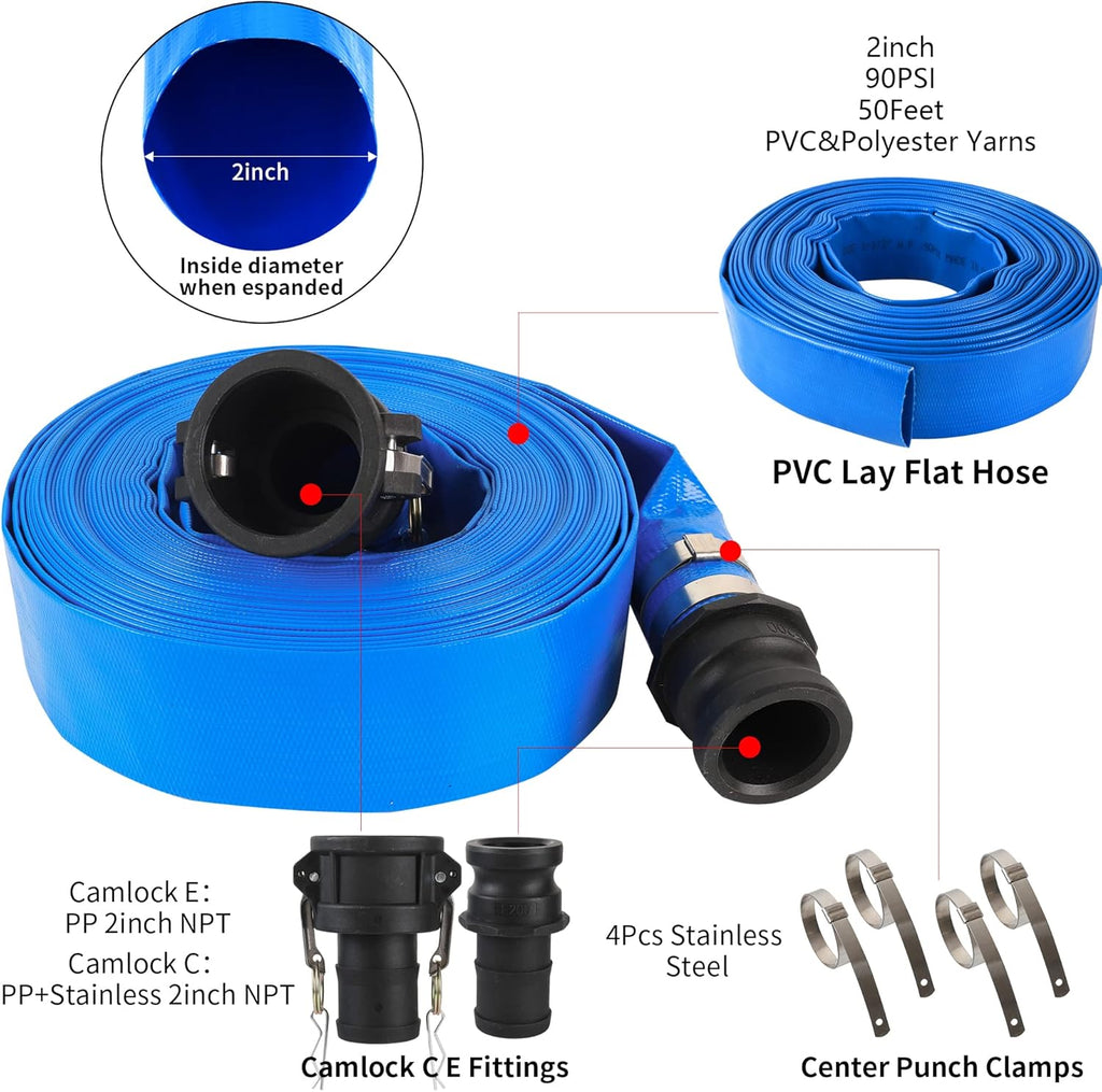 2 x 50FT Blue Discharge Hose with Camlock C and E Fittings, Reinforced PVC Lay Flat Backwash Hose Assembly J88485