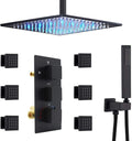 Brushed Nickel LED Rain Shower Head System with Thermostatic Mixer Valve and Body Sprayer Jets A771803