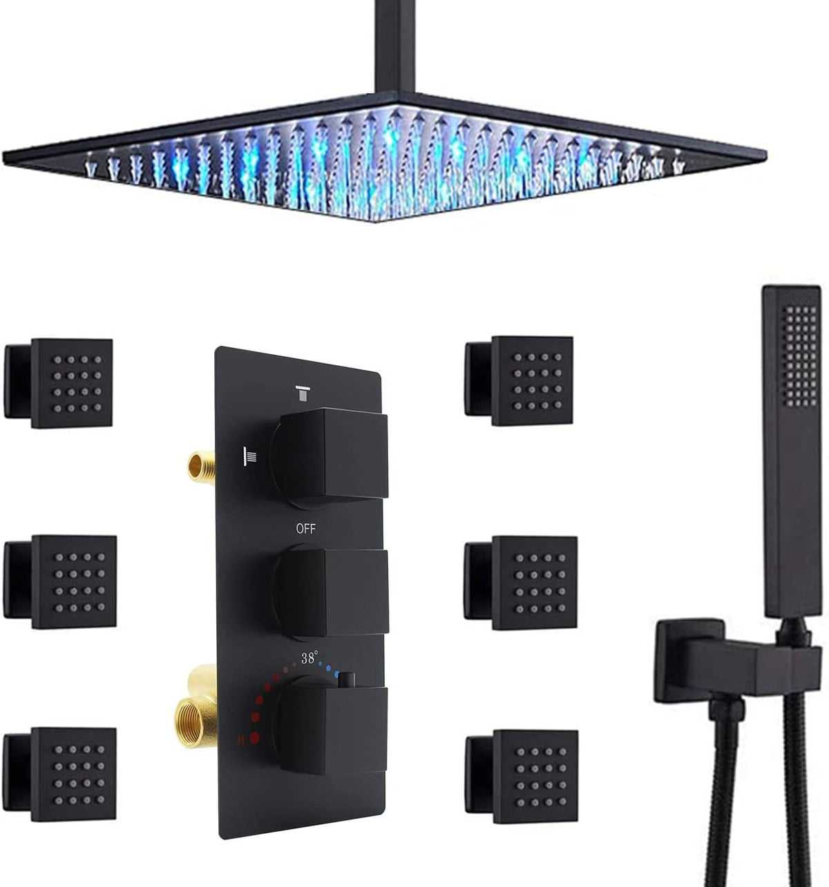 Brushed Nickel LED Rain Shower Head System with Thermostatic Mixer Valve and Body Sprayer Jets A771803