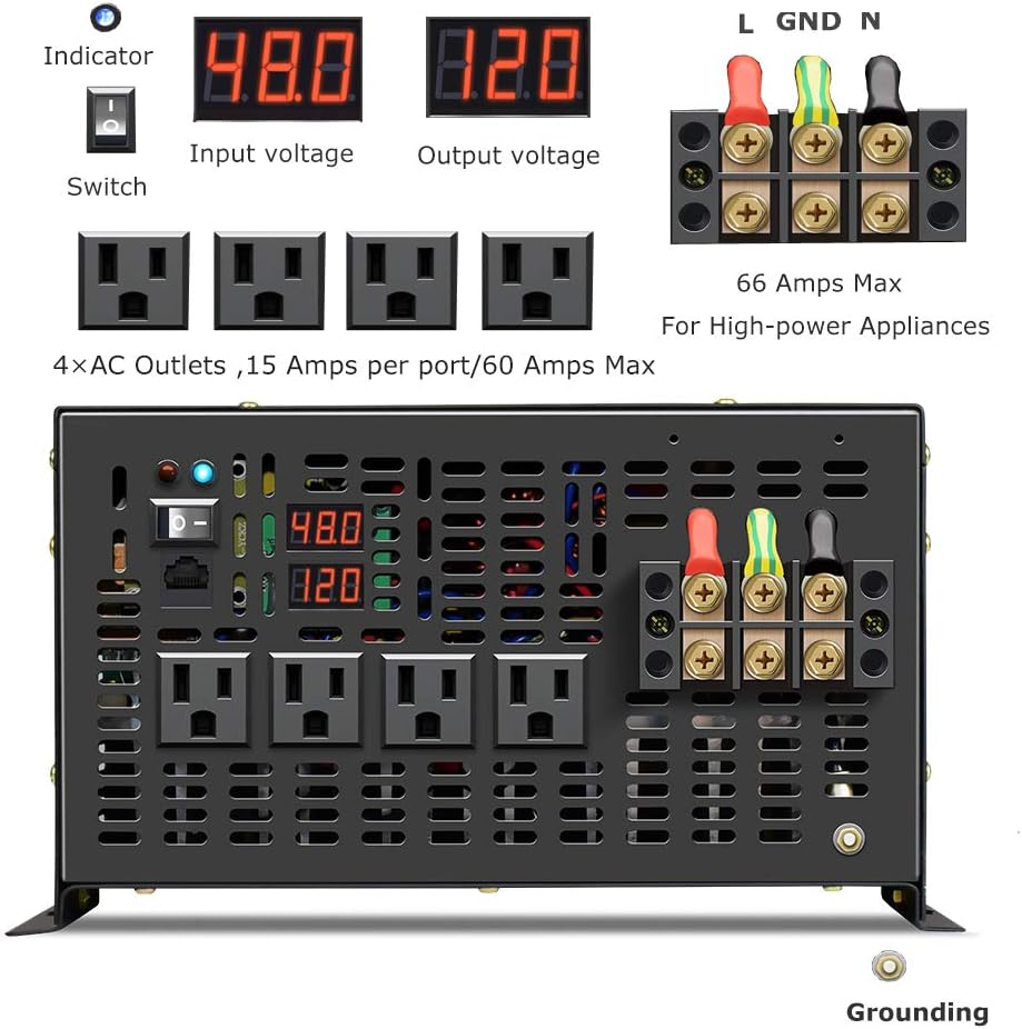 8000W Pure Sine Wave Power Inverter DC 48V to AC 120V with 4 AC Outlets Remote Control LED Display O428218