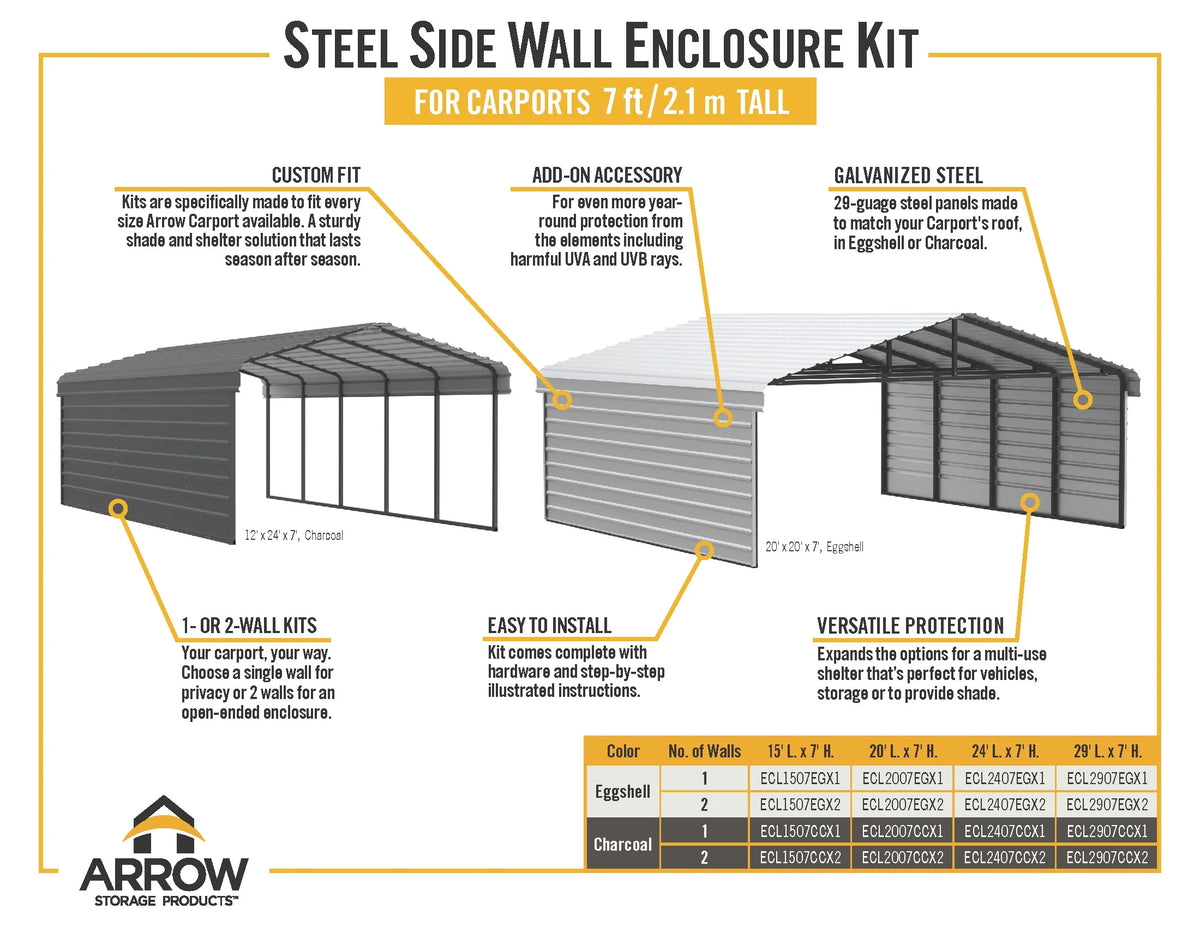 Galvanized Steel Carport with 1-Sided Enclosure, 12' x 20' x 7' H65481
