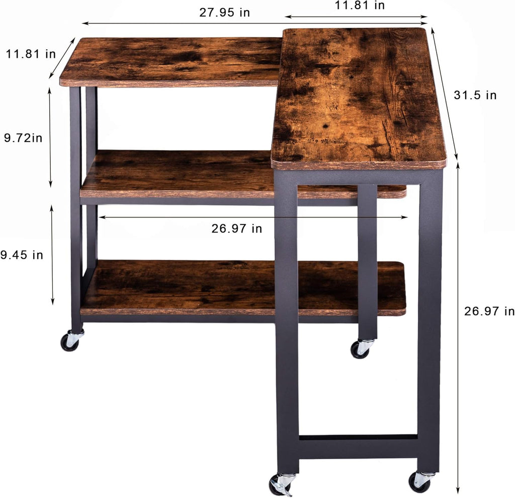 Rustic Brown Mobile Sofa Side Table with 2 Tier Storage Shelves F473