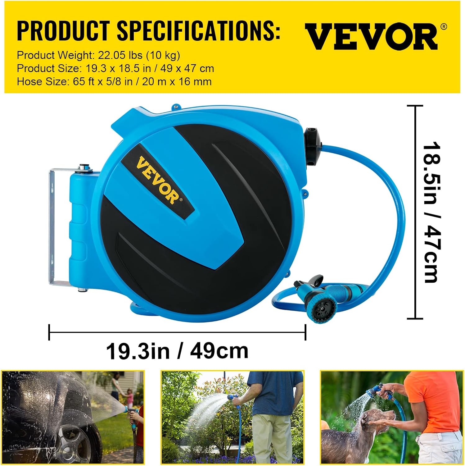 Retractable Wall Mounted Garden Hose Reel, 5/8 inch x 65 ft, Blue, Pack of 2 U819