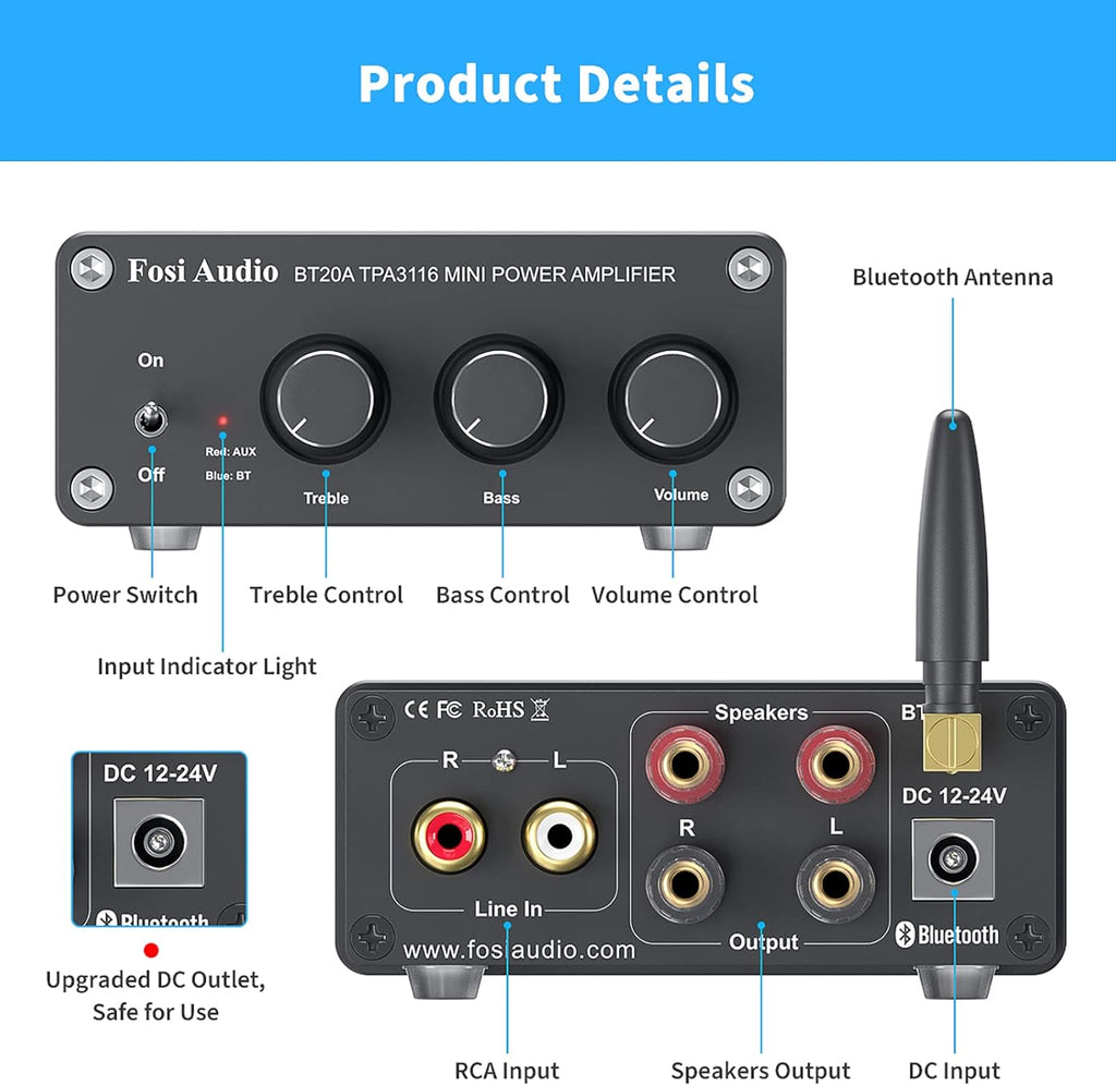 Bluetooth 5.0 Stereo Amplifier 100W x 2 with Power Supply, Pack of 2 Q42359