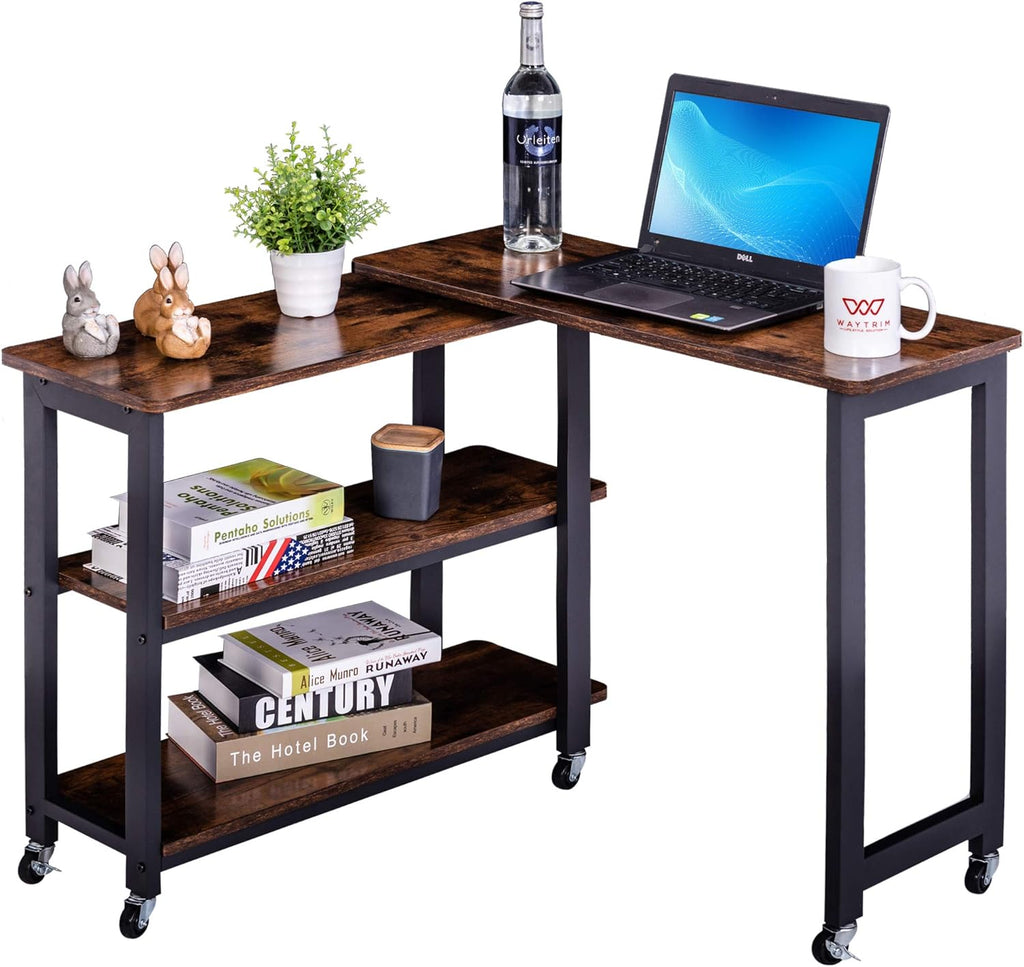 Rustic Brown Mobile Sofa Side Table with 2 Tier Storage Shelves F473